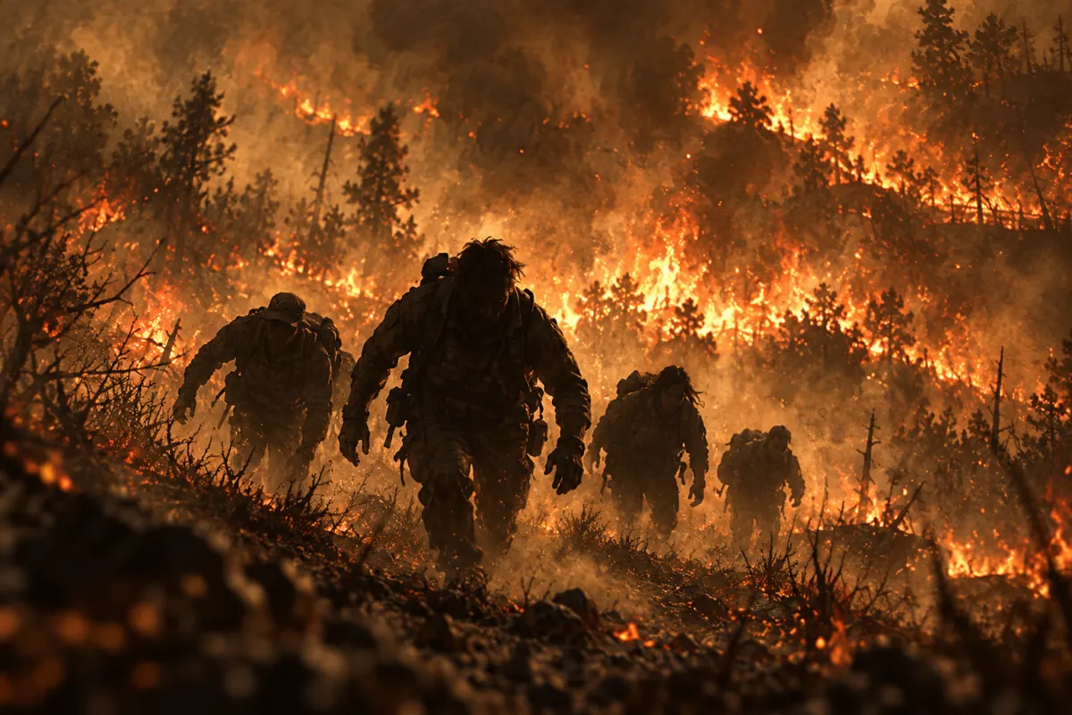 The Black gameplay illustration: a close look at spot fire and When the wildfire front is about to overrun you. Illustration based on the game's cover art, not an in-game screenshot.